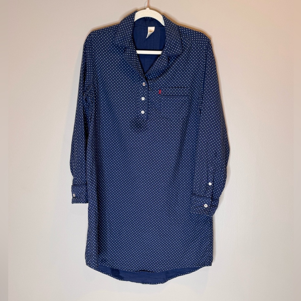 Levi's Navy Blue Button Down Shirt Dress with Polka Dots - Picture 2 of 5